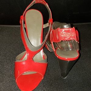 Nine West red and gray t-strap heels